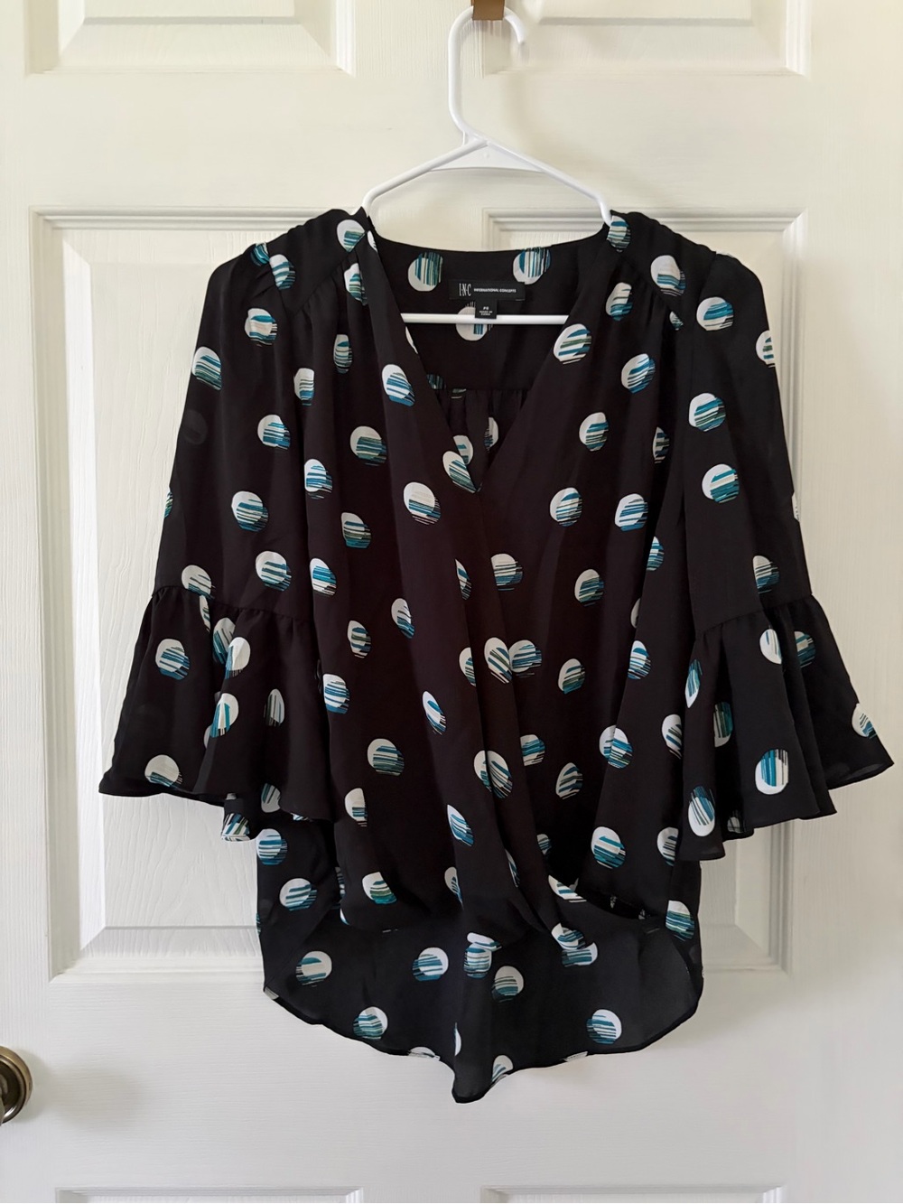 INC International Concepts Black Dot-Print Wrap Blouse with Ruffled Sleeves